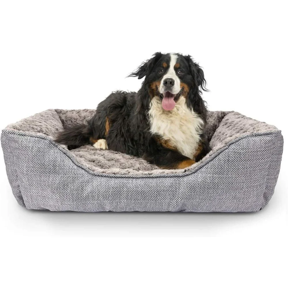 Dog 30'' Grey Wood Linen Soft Washable Rectangle Anti-Slip Bottom Sleeping Bed